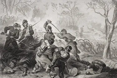 Morte del colonnello Edward D. Baker nella battaglia di Balls Bluff, Virginia, 1861